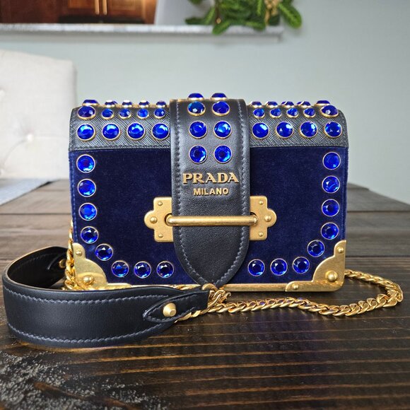 Prada Cahier Navy Blue Velvet City Calf Saffiano Leather Crystal Handbag Bag - Picture 1 of 12